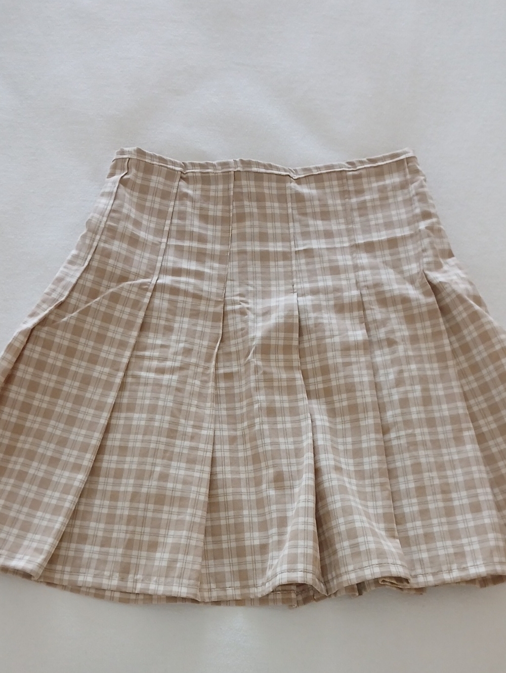 Cotton Vintage Hand-made Beige Plaid Pleated Mini Skirt
